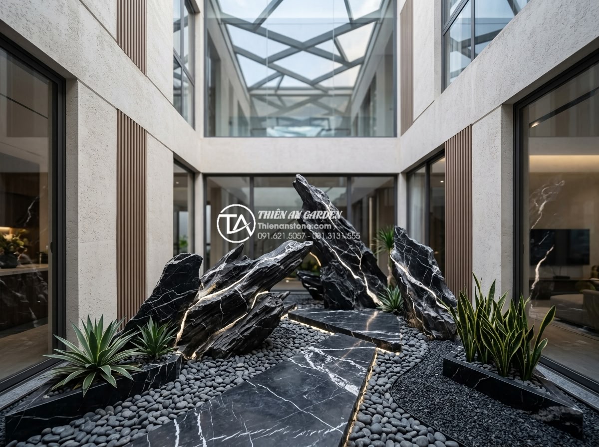 Cách chọn đá cuội và đá cảnh cho tiểu cảnh giếng trời khô - Futuristic 2026 dry sky-well garden trends with modern stone arrangements and sm