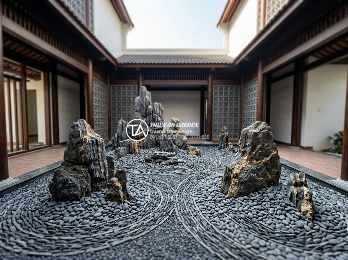 Cách chọn đá cuội và đá cảnh cho tiểu cảnh giếng trời khô - Wide angle shot of a completed dry sky-well garden featuring carefully selected 