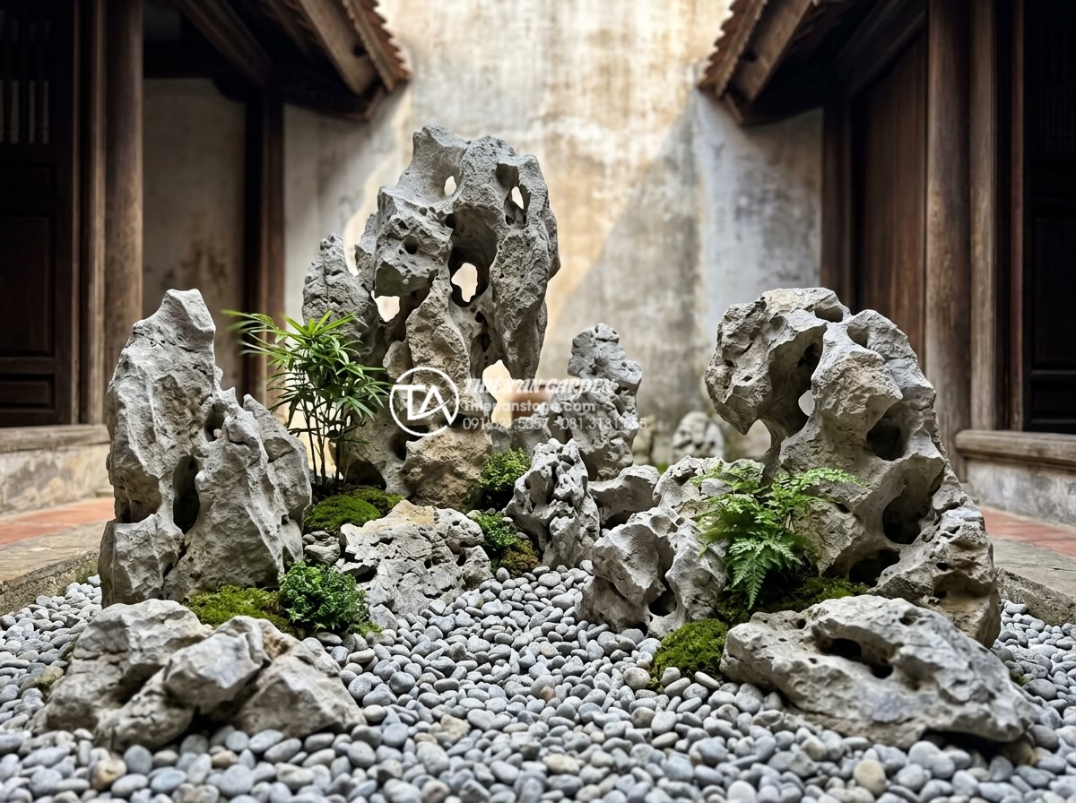 Cách chọn đá cuội và đá cảnh cho tiểu cảnh giếng trời khô - Beautiful finished dry miniature sky-well garden featuring premium pebble stones