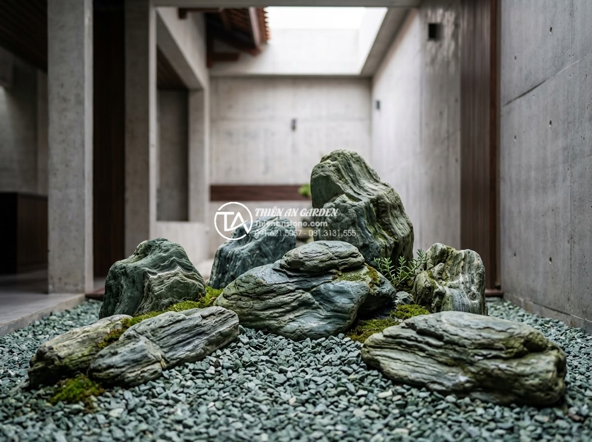 Cách chọn đá cuội và đá cảnh cho tiểu cảnh giếng trời khô - Artistic rendering of modern dry sky-well landscape with layered stones, minimal
