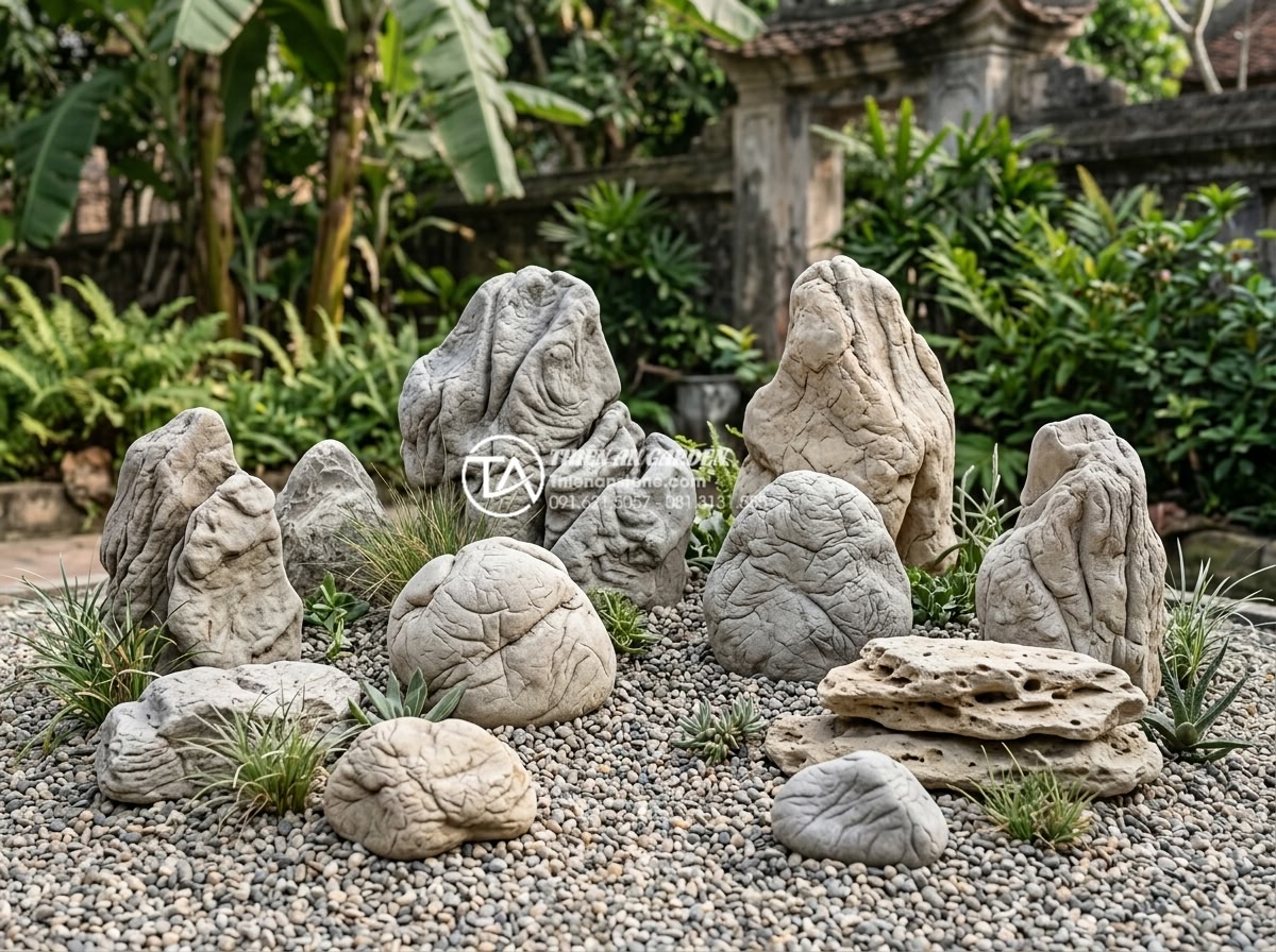 Cách chọn đá cuội và đá cảnh cho tiểu cảnh giếng trời khô - Collection of sculptural decorative stones and art rocks suitable for dry garden