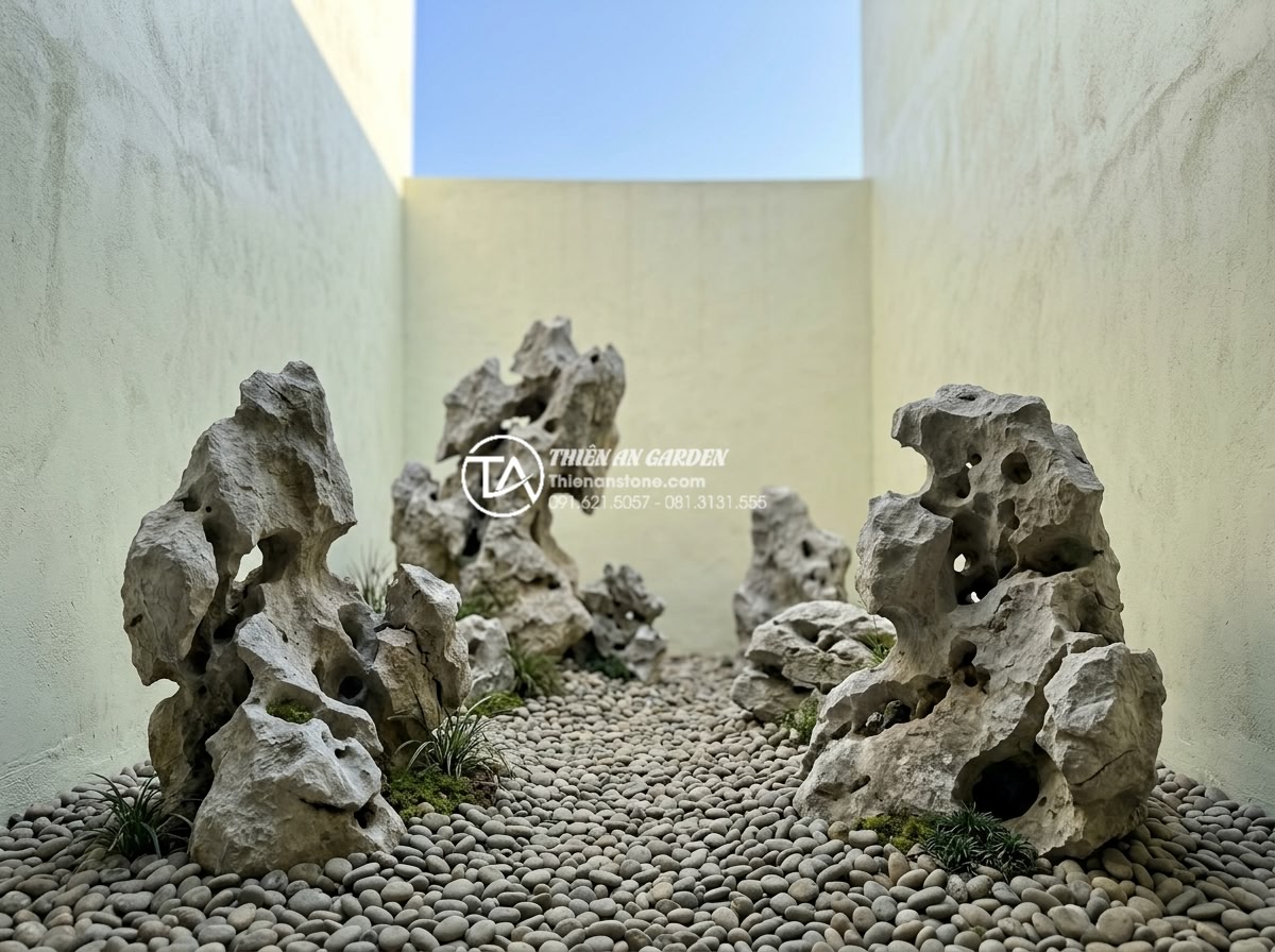 Cách chọn đá cuội và đá cảnh cho tiểu cảnh giếng trời khô - Large decorative stone boulders in a minimalist dry sky-well setting with pebble