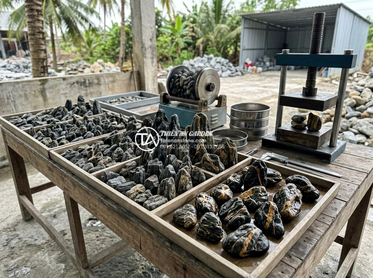 Cách chọn đá cuội và đá cảnh cho tiểu cảnh giếng trời khô - Quality inspection process of pebble stones showing texture, color consistency a
