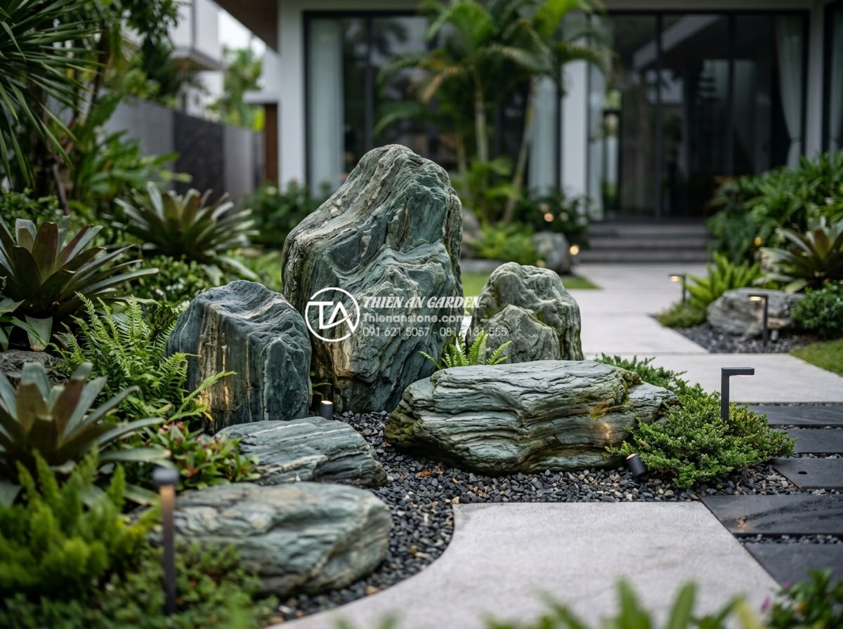Cách chọn kích thước đá cảnh phù hợp với diện tích sân sau - Modern aesthetic backyard stone landscape photo showing contemporary placement o