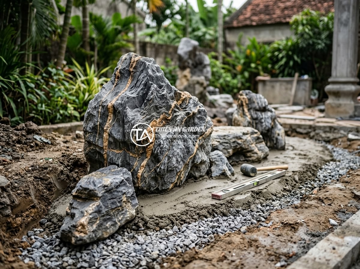 Cách chọn kích thước đá cảnh phù hợp với diện tích sân sau - Step by step professional construction photograph showing expert installation of