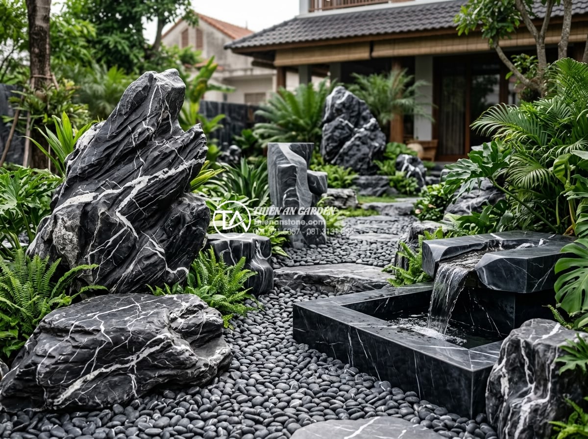 Cách chọn kích thước đá cảnh phù hợp với diện tích sân sau - High resolution landscape image of a medium sized residential backyard featuring