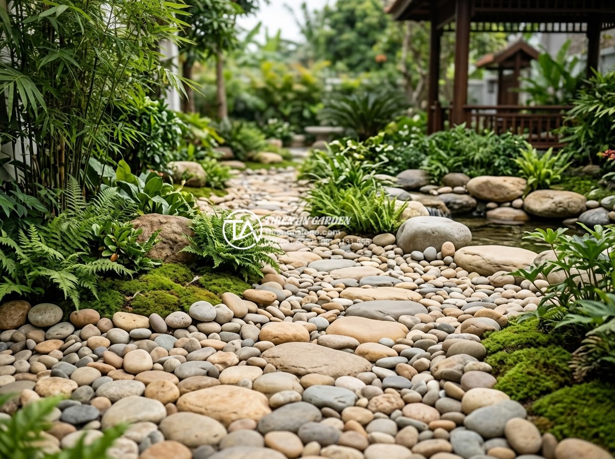 Cách chọn kích thước đá cảnh phù hợp với diện tích sân sau - Expertly composed photograph showing various types of natural garden stones in d