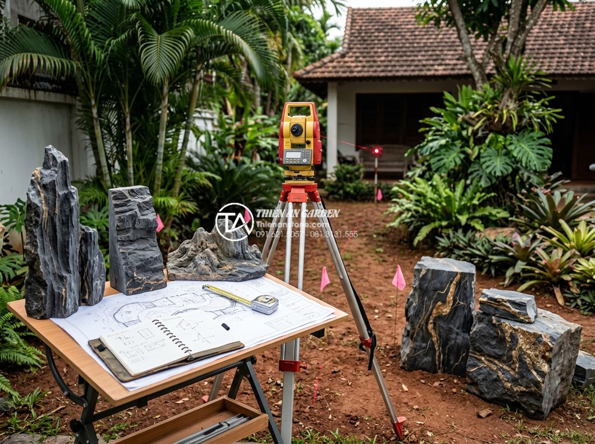 Cách chọn kích thước đá cảnh phù hợp với diện tích sân sau - Technical landscape design photograph showing a surveyor measuring a residential