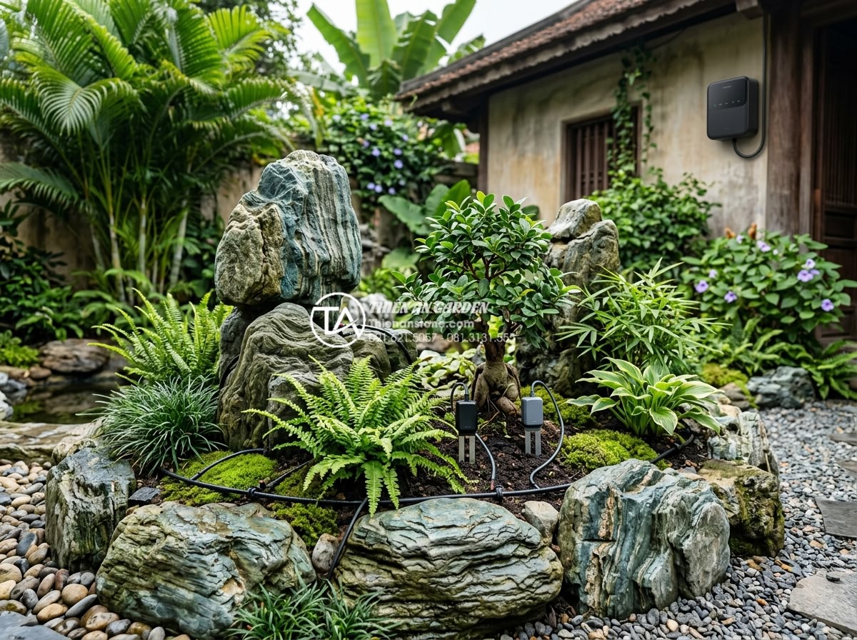 Cách lắp đặt hệ thống tưới nhỏ giọt thông minh cho tiểu cảnh trước nhà - Hình 1 Cách lắp đặt hệ thống tưới nhỏ giọt thông minh cho tiểu cảnh trước nhà - High-resolution professional photograph of a luxurious Vietnamese front yard min