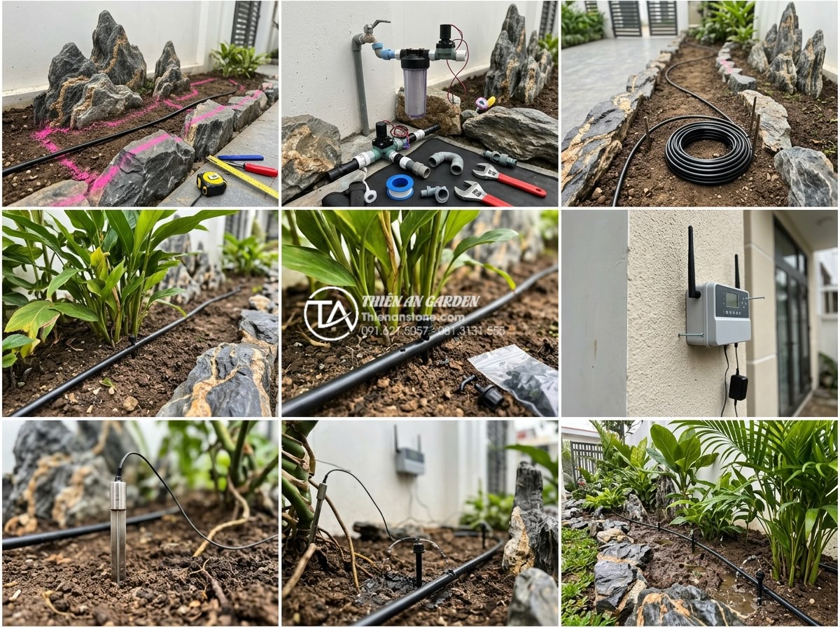 Cách lắp đặt hệ thống tưới nhỏ giọt thông minh cho tiểu cảnh trước nhà - Hình 6 Cách lắp đặt hệ thống tưới nhỏ giọt thông minh cho tiểu cảnh trước nhà - Step-by-step installation sequence collage showing professional technicians inst