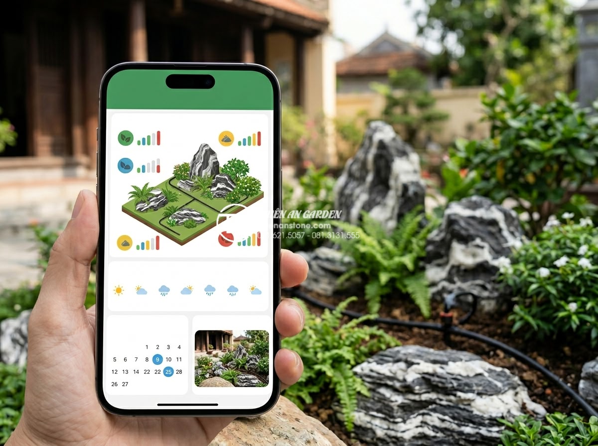 Cách lắp đặt hệ thống tưới nhỏ giọt thông minh cho tiểu cảnh trước nhà - Hình 7 Cách lắp đặt hệ thống tưới nhỏ giọt thông minh cho tiểu cảnh trước nhà - Modern smartphone screen mockup displaying a user-friendly Vietnamese-language s