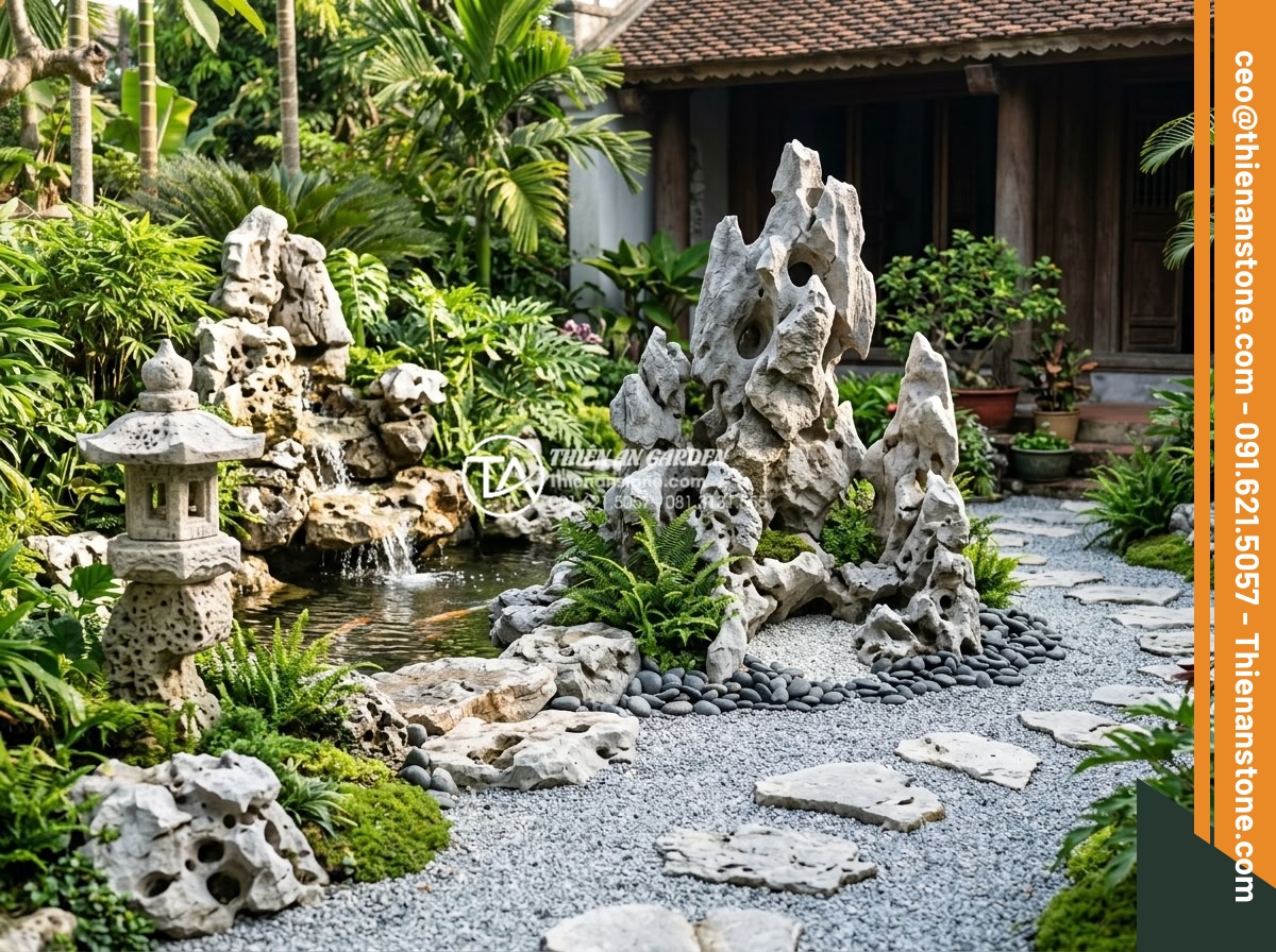 Cách vệ sinh và bảo dưỡng đá mỹ nghệ trong tiểu cảnh luôn sáng bóng - Professional high-resolution photograph of a pristine Vietnamese zen garden feat
