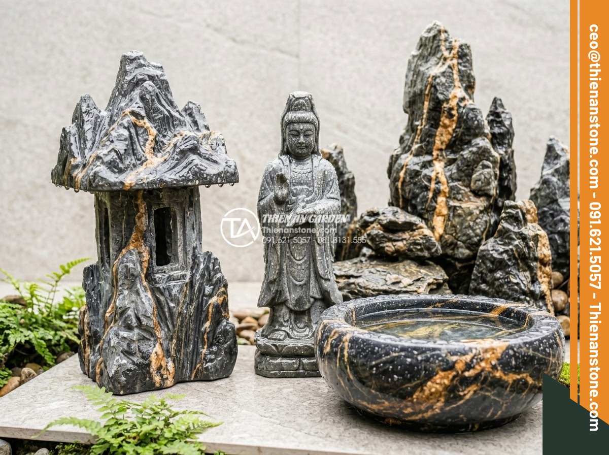 Cách vệ sinh và bảo dưỡng đá mỹ nghệ trong tiểu cảnh luôn sáng bóng - Close-up detailed shot of various natural stone types used in Vietnamese garden 