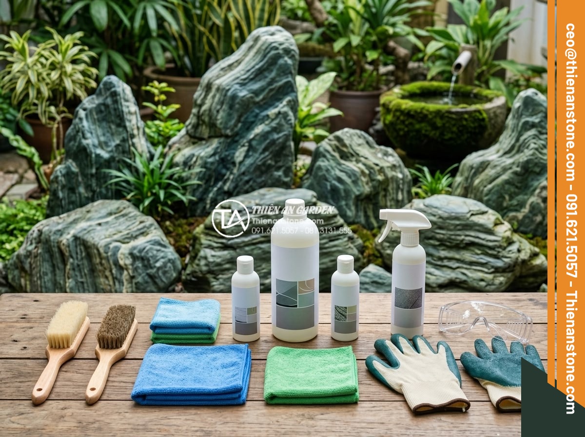 Cách vệ sinh và bảo dưỡng đá mỹ nghệ trong tiểu cảnh luôn sáng bóng - Organized flat lay of professional stone cleaning tools and eco-friendly product
