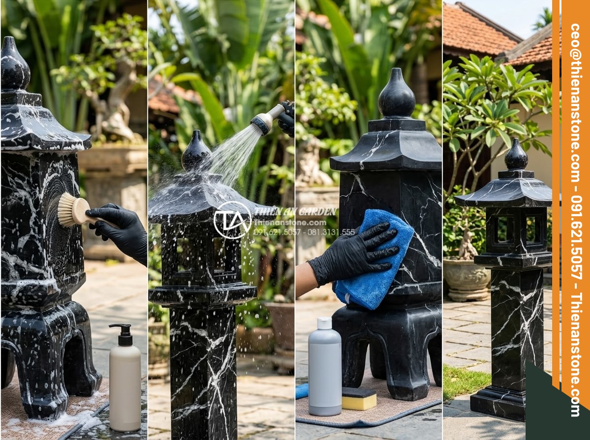 Cách vệ sinh và bảo dưỡng đá mỹ nghệ trong tiểu cảnh luôn sáng bóng - Step-by-step visual guide showing professional cleaning process of natural stone