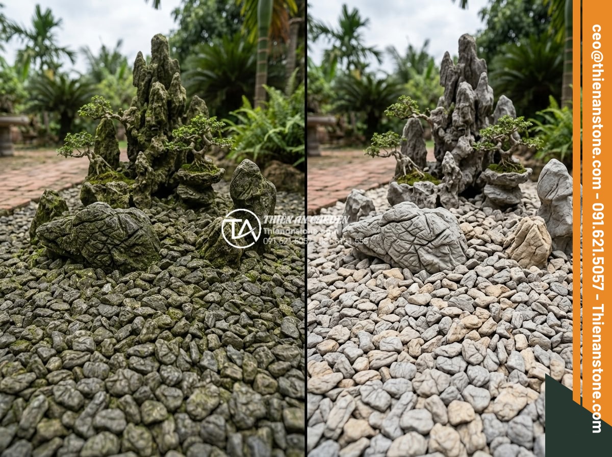 Cách vệ sinh và bảo dưỡng đá mỹ nghệ trong tiểu cảnh luôn sáng bóng - Before and after comparison of decorative gravel cleaning in a Vietnamese garden