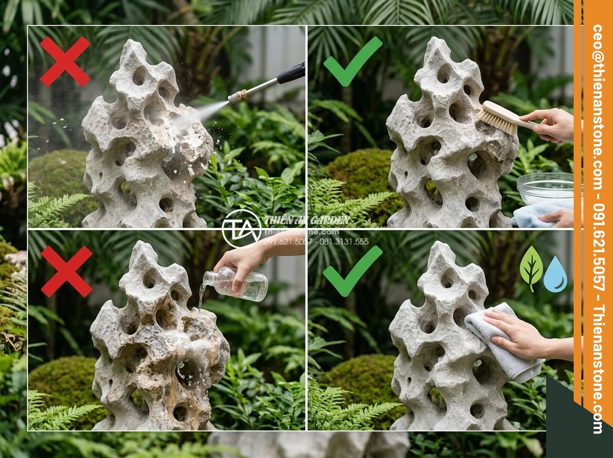 Cách vệ sinh và bảo dưỡng đá mỹ nghệ trong tiểu cảnh luôn sáng bóng - Educational infographic showing common mistakes when cleaning garden stone art w