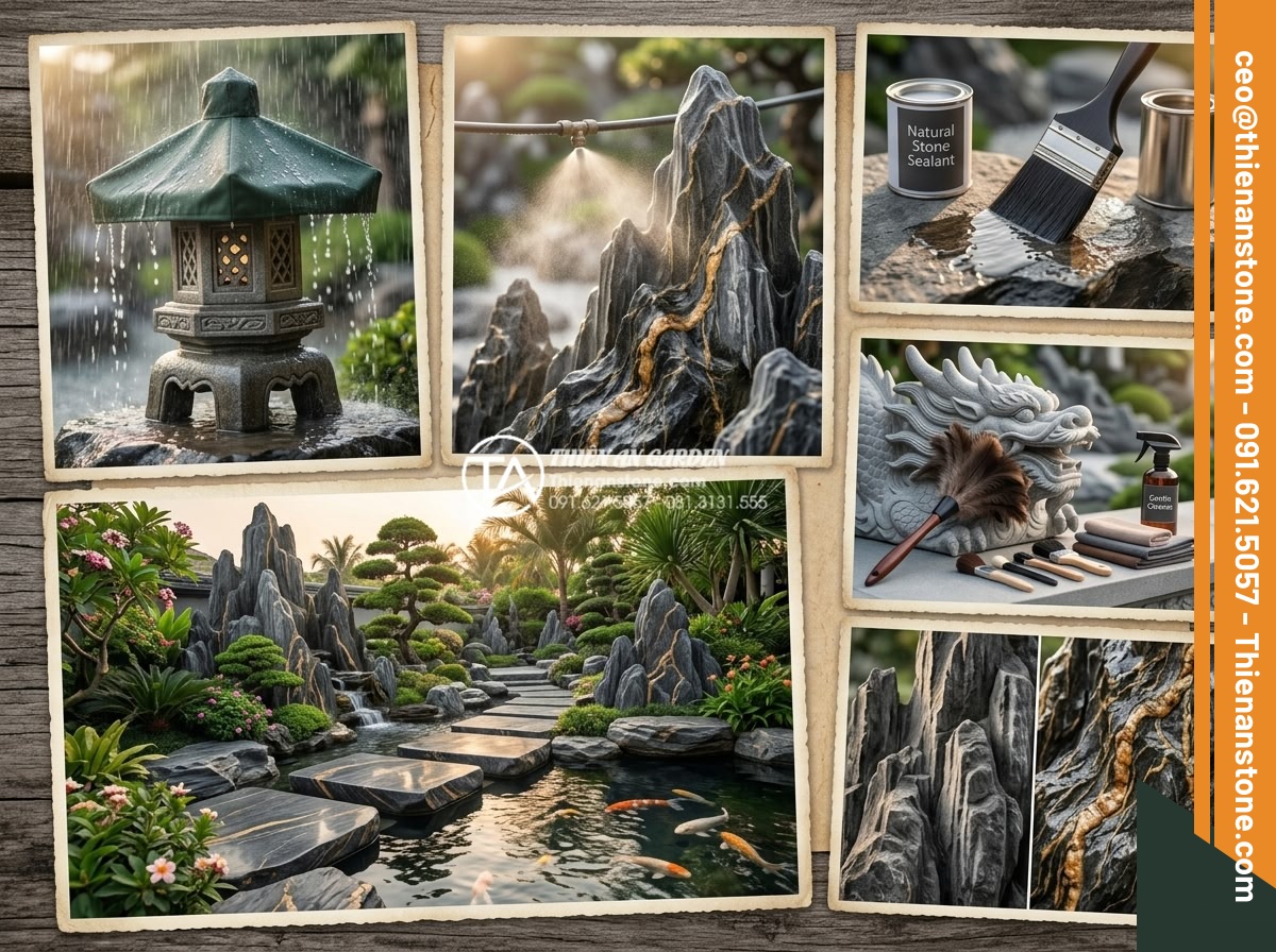 Cách vệ sinh và bảo dưỡng đá mỹ nghệ trong tiểu cảnh luôn sáng bóng - Expert tips collage for long-term natural stone care in luxury Vietnamese garden