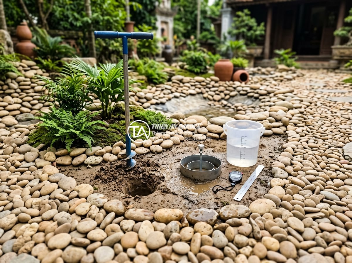 Cách xử lý thoát nước cho tiểu cảnh sân sau để tránh ngập úng mùa mưa - Engineer from Thien An Stone conducting soil permeability test in backyard minia