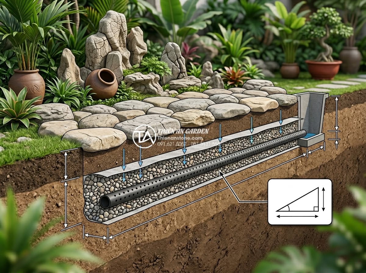 Cách xử lý thoát nước cho tiểu cảnh sân sau để tránh ngập úng mùa mưa - Technical cross-section of advanced drainage system for backyard rock garden sho