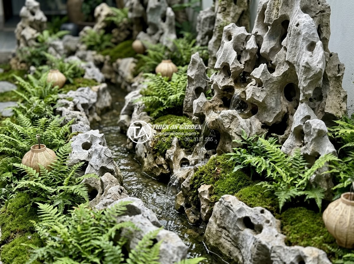 Cách xử lý thoát nước cho tiểu cảnh sân sau để tránh ngập úng mùa mưa - Beautifully integrated natural stone drainage channel in backyard miniature land