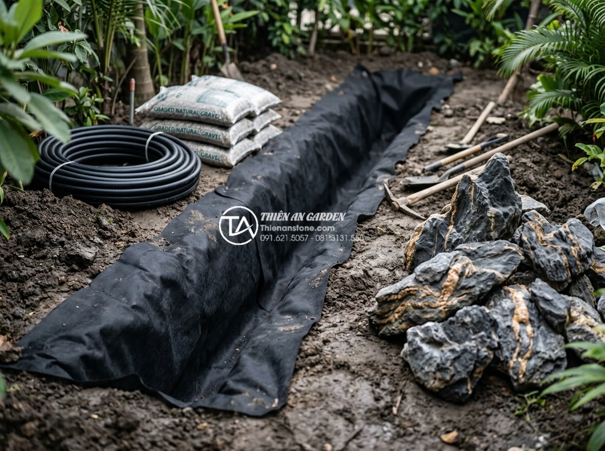 Cách xử lý thoát nước cho tiểu cảnh sân sau để tránh ngập úng mùa mưa - Step-by-step construction of underground drainage system for backyard miniature 