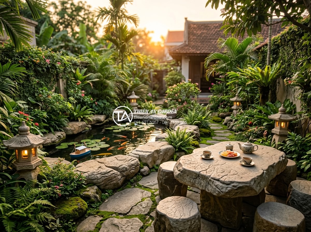 Case Study: Biến sân sau nhà phố chật hẹp thành ốc đảo xanh với đá cảnh - Heartwarming lifestyle photo of the Vietnamese family enjoying their new green b