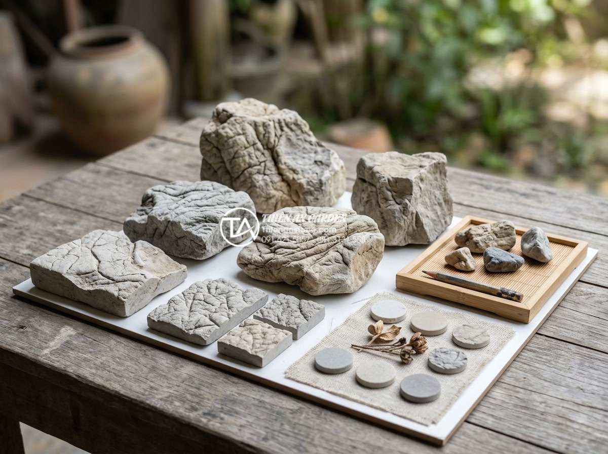 Case Study: Biến sân sau nhà phố chật hẹp thành ốc đảo xanh với đá cảnh - Detailed material board close-up showing selection of high-quality natural stone