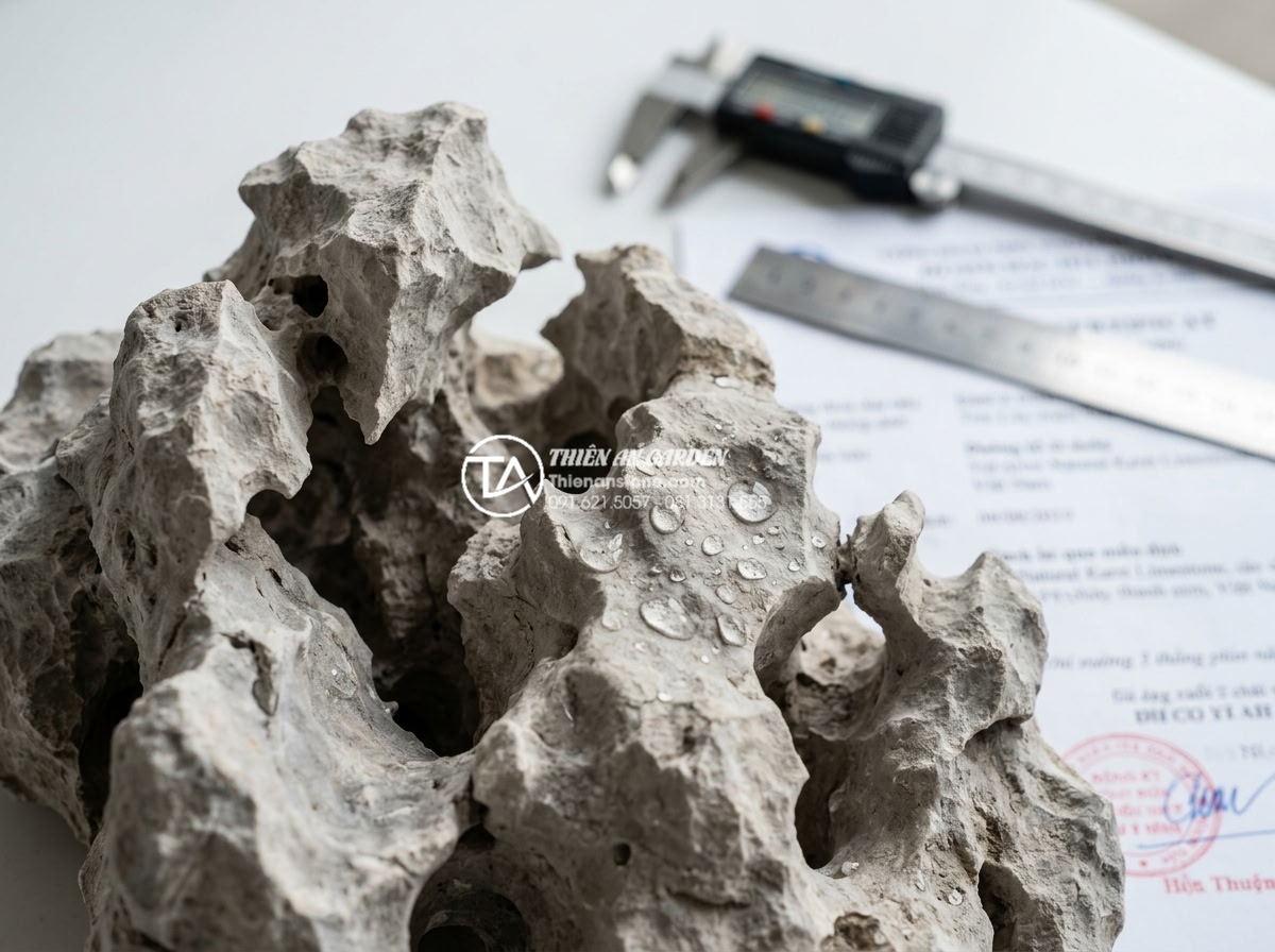 Case Study: Biến sân sau nhà phố chật hẹp thành ốc đảo xanh với đá cảnh - Professional close-up photography of premium natural stone materials selected fo