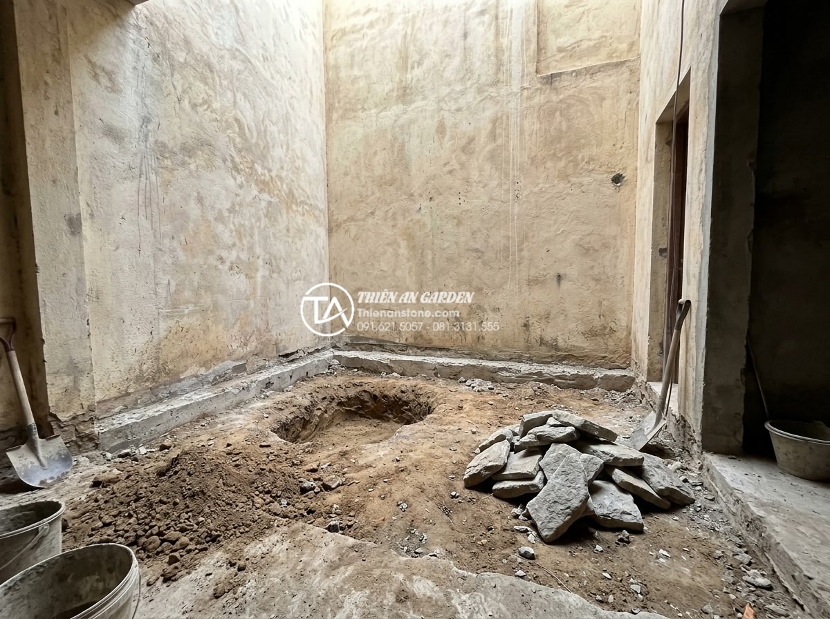 Case Study: Cải tạo góc tối nhà phố thành tiểu cảnh giếng trời triệu view - Hình 11 Case Study: Cải tạo góc tối nhà phố thành tiểu cảnh giếng trời triệu view - Step-by-step construction progress of stone rockery, small pond installation, an