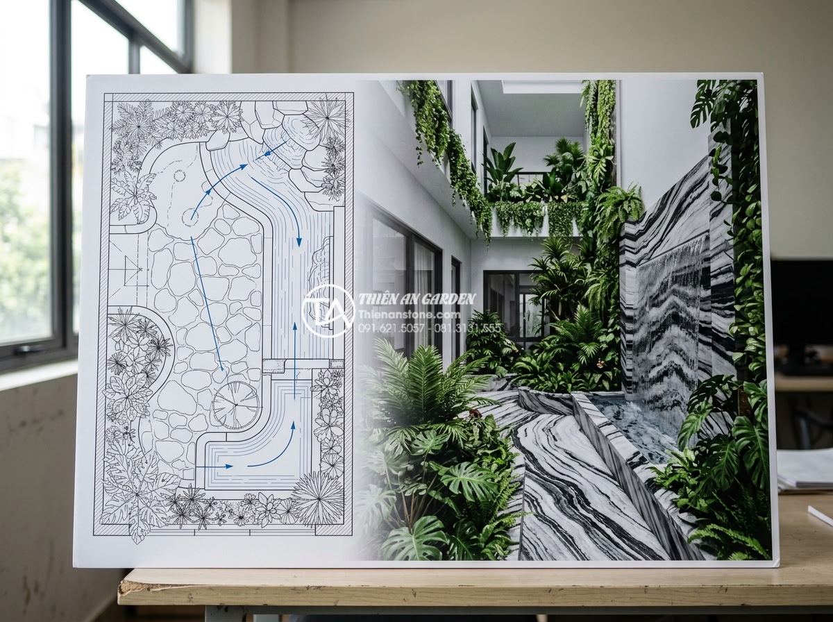 Case Study: Cải tạo góc tối nhà phố thành tiểu cảnh giếng trời triệu view - Hình 7 Case Study: Cải tạo góc tối nhà phố thành tiểu cảnh giếng trời triệu view - Detailed architectural blueprint and 3D model of skywell renovation plan with st