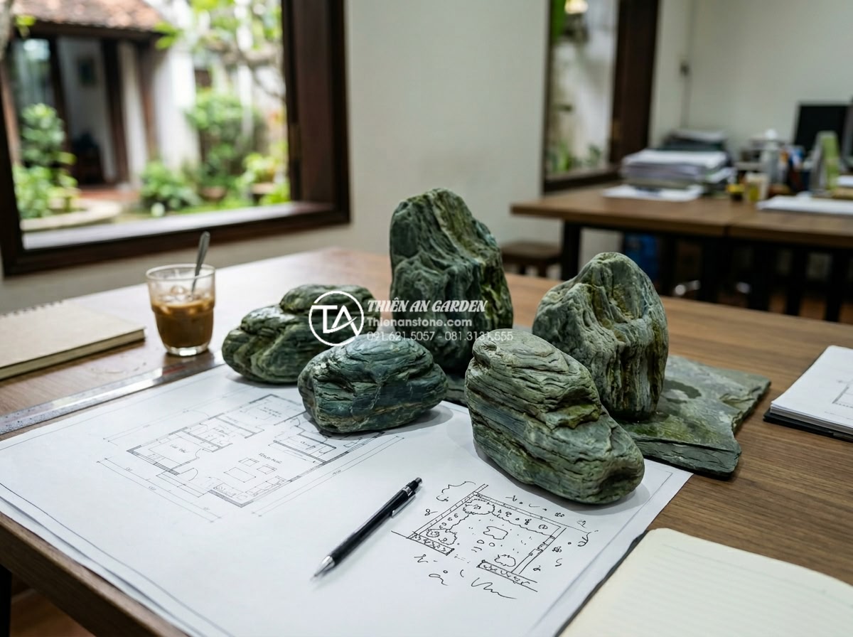 Case Study: Cải tạo góc tối nhà phố thành tiểu cảnh giếng trời triệu view - Hình 8 Case Study: Cải tạo góc tối nhà phố thành tiểu cảnh giếng trời triệu view - Team meeting photo with engineers reviewing plans and stone samples for the skyw