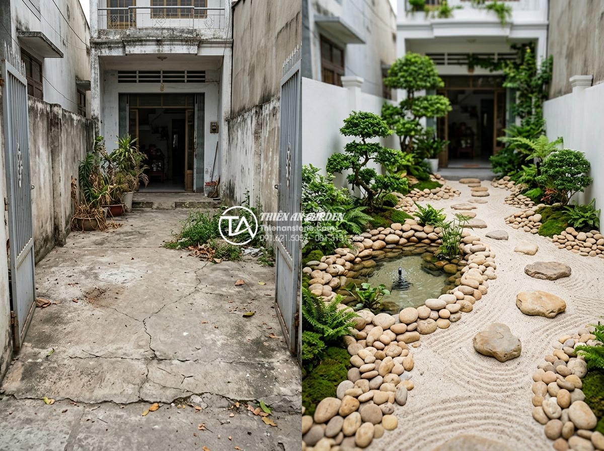 Case study: Cải tạo sân trước 5m2 thành tiểu cảnh mini cực chill với 15 triệu - Hình 10 Case study: Cải tạo sân trước 5m2 thành tiểu cảnh mini cực chill với 15 triệu - Inspirational before and after comparison collage of a 5m2 front yard transforma