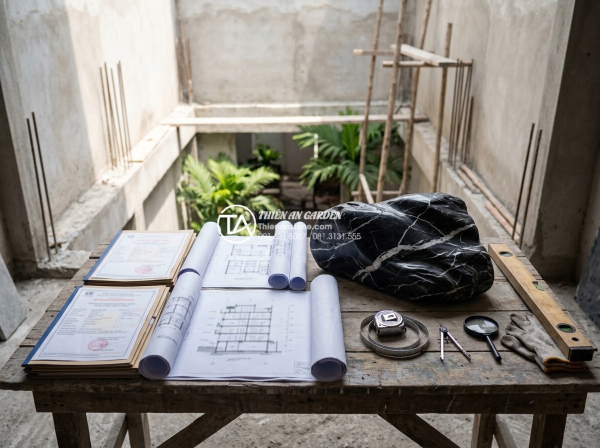 Checklist 10 bước nghiệm thu tiểu cảnh giếng trời sau khi thi công - Hình 5 Checklist 10 bước nghiệm thu tiểu cảnh giếng trời sau khi thi công - Preparation scene showing organized documents, blueprints, quality certificates