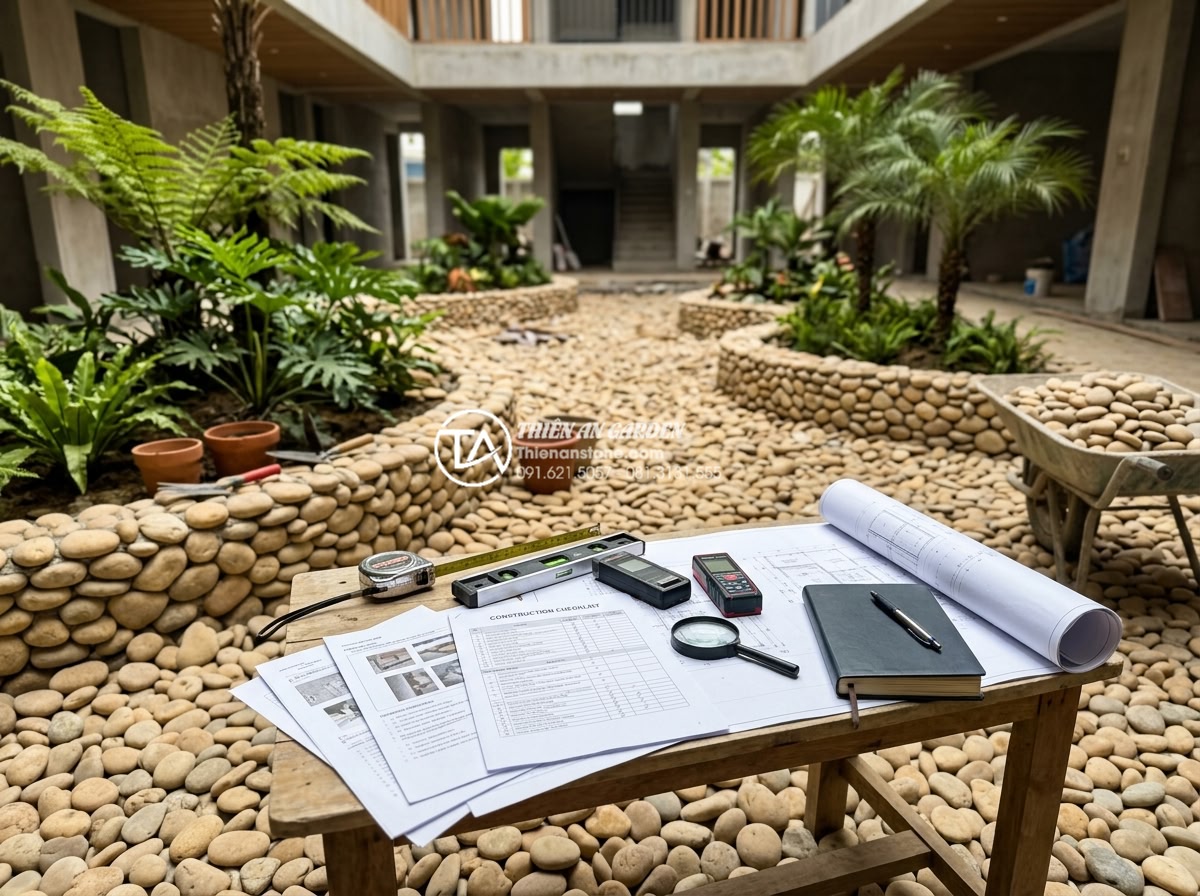 Checklist 10 bước nghiệm thu tiểu cảnh giếng trời sau khi thi công - Hình 6 Checklist 10 bước nghiệm thu tiểu cảnh giếng trời sau khi thi công - Team of engineers and client reviewing construction checklist documents together