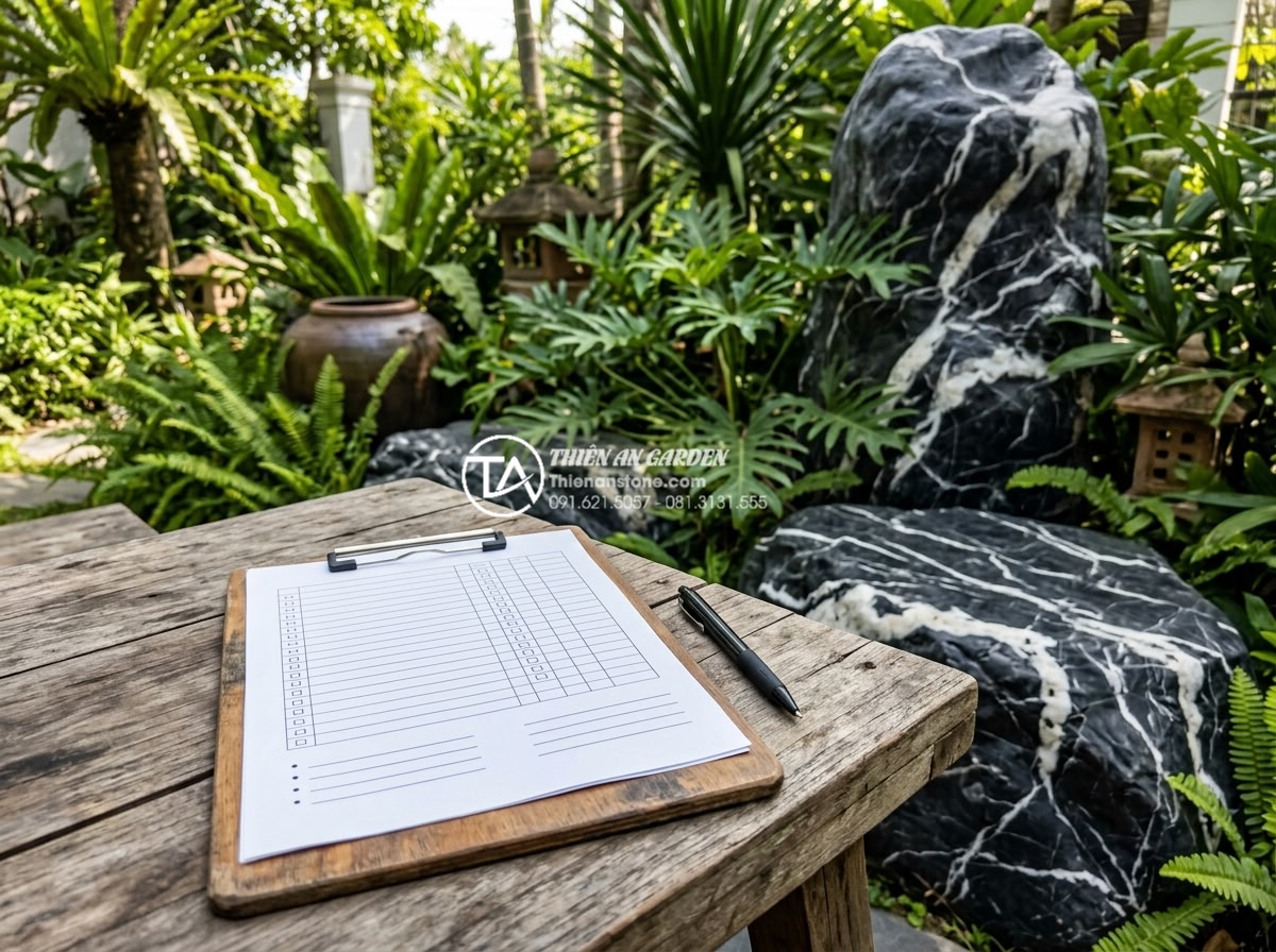 Checklist 12 bước bảo dưỡng tiểu cảnh sân vườn định kỳ cho gia chủ - Organized maintenance checklist clipboard with pen on a wooden garden table surr