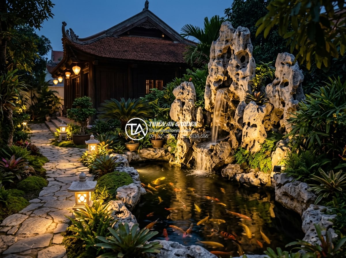 Checklist vật liệu cần chuẩn bị trước khi thi công tiểu cảnh sân sau - Beautiful evening photograph of a completed luxury backyard mini landscape featu