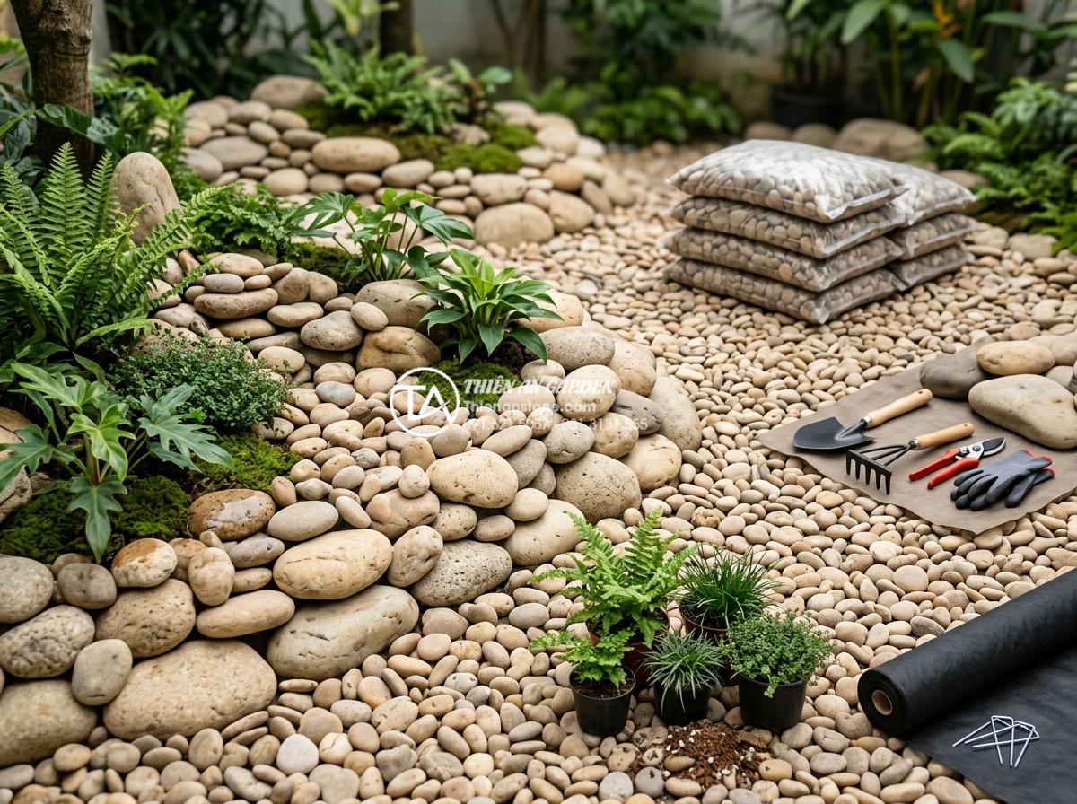 FAQ: Những câu hỏi thường gặp khi bắt đầu làm tiểu cảnh sân sau - Detailed cost breakdown visualization of a natural stone backyard rockery projec