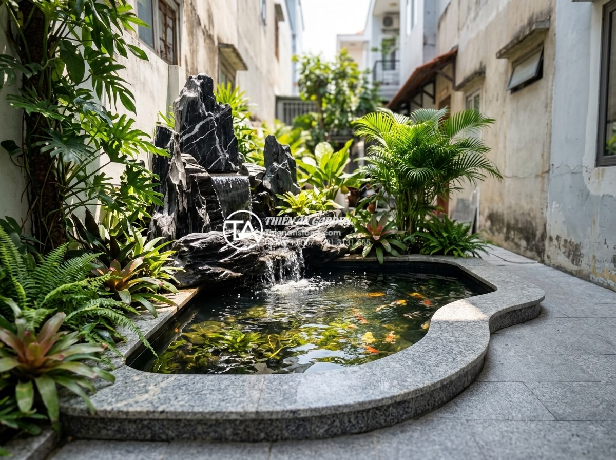 Giải pháp thiết kế tiểu cảnh sân sau nhà ống tối ưu diện tích và ánh sáng - Hình 6 Giải pháp thiết kế tiểu cảnh sân sau nhà ống tối ưu diện tích và ánh sáng - Beautiful small Koi pond integrated in narrow tube house backyard with natural s