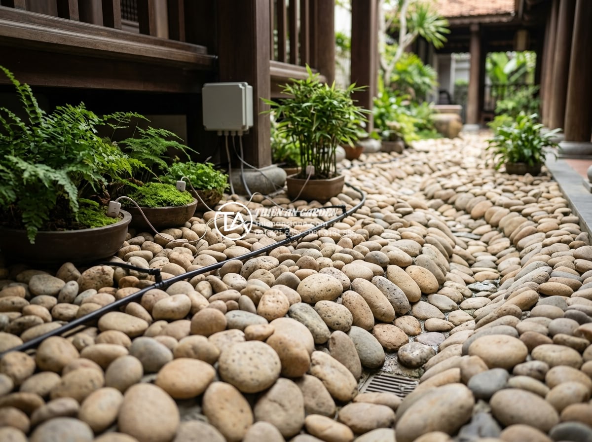 Giải pháp thoát nước cho tiểu cảnh giếng trời ngoài trời khi mưa lớn - Hình 11 Giải pháp thoát nước cho tiểu cảnh giếng trời ngoài trời khi mưa lớn - Smart irrigation and drainage integration in outdoor atrium with stone features