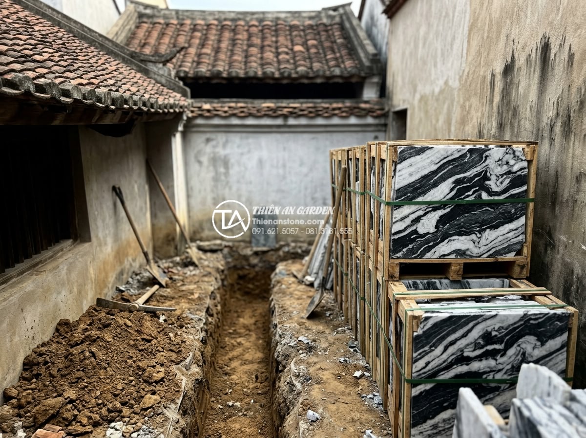 Giải pháp thoát nước cho tiểu cảnh giếng trời ngoài trời khi mưa lớn - Hình 15 Giải pháp thoát nước cho tiểu cảnh giếng trời ngoài trời khi mưa lớn - Step-by-step professional installation process of drainage system in stone court