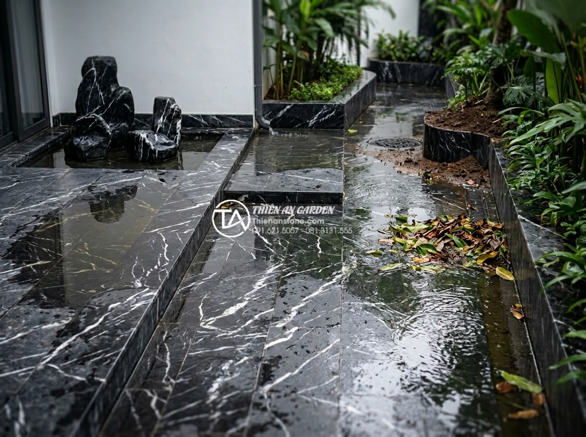 Giải pháp thoát nước cho tiểu cảnh giếng trời ngoài trời khi mưa lớn - Hình 3 Giải pháp thoát nước cho tiểu cảnh giếng trời ngoài trời khi mưa lớn - Analysis diagram showing common causes of water pooling in outdoor atrium garden