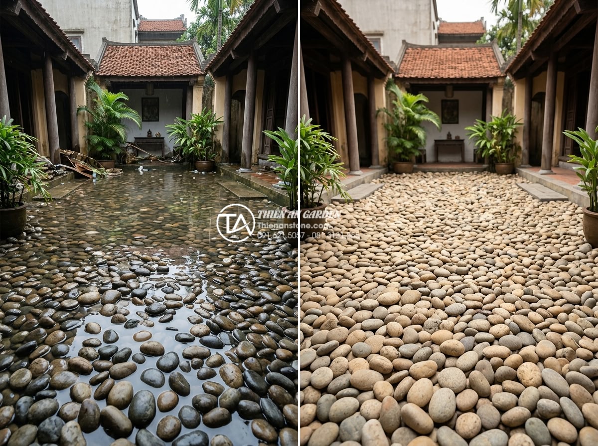 Giải pháp thoát nước cho tiểu cảnh giếng trời ngoài trời khi mưa lớn - Hình 4 Giải pháp thoát nước cho tiểu cảnh giếng trời ngoài trời khi mưa lớn - Before and after comparison of flooded sky well landscape versus properly draine
