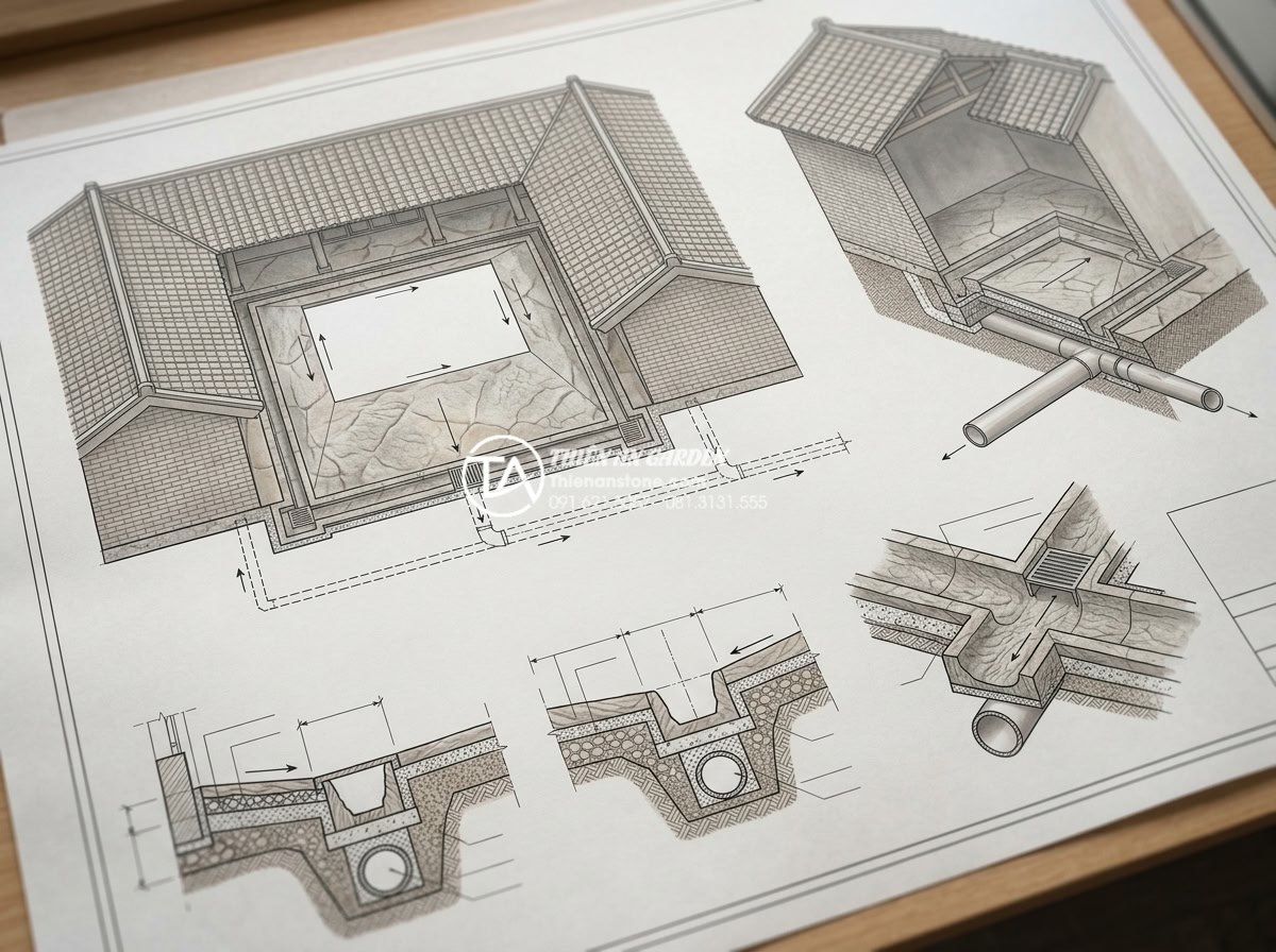 Giải pháp thoát nước cho tiểu cảnh giếng trời ngoài trời khi mưa lớn - Hình 5 Giải pháp thoát nước cho tiểu cảnh giếng trời ngoài trời khi mưa lớn - Technical blueprint of drainage design principles for outdoor sky well featuring