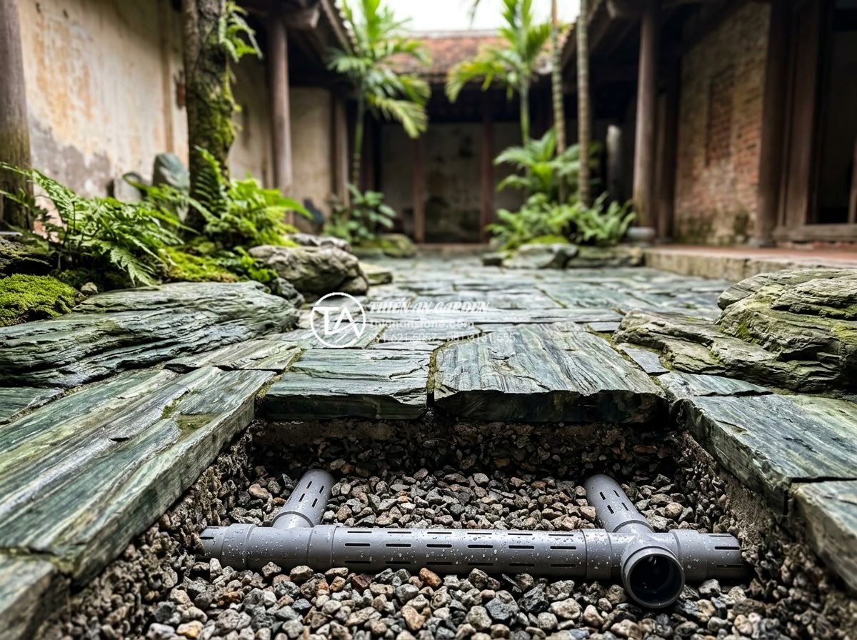 Giải pháp thoát nước cho tiểu cảnh giếng trời ngoài trời khi mưa lớn - Hình 9 Giải pháp thoát nước cho tiểu cảnh giếng trời ngoài trời khi mưa lớn - Underground drainage layers with gravel filter and pipes beneath natural stone c