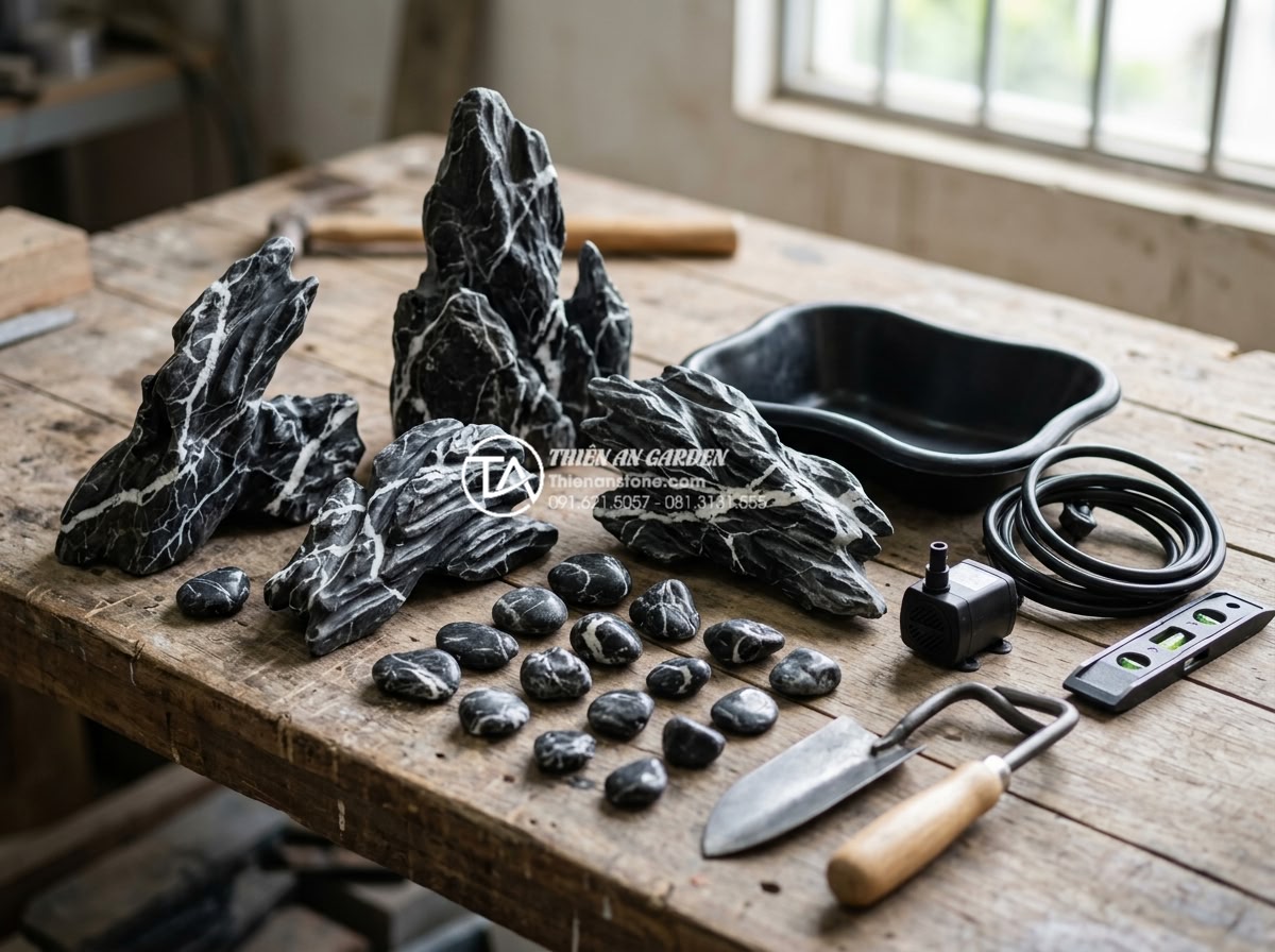 Hướng dẫn cách tự làm tiểu cảnh trước nhà mini đơn giản cho người mới - Hình 2 Hướng dẫn cách tự làm tiểu cảnh trước nhà mini đơn giản cho người mới - Close-up professional photo of high-quality natural stone materials laid out on