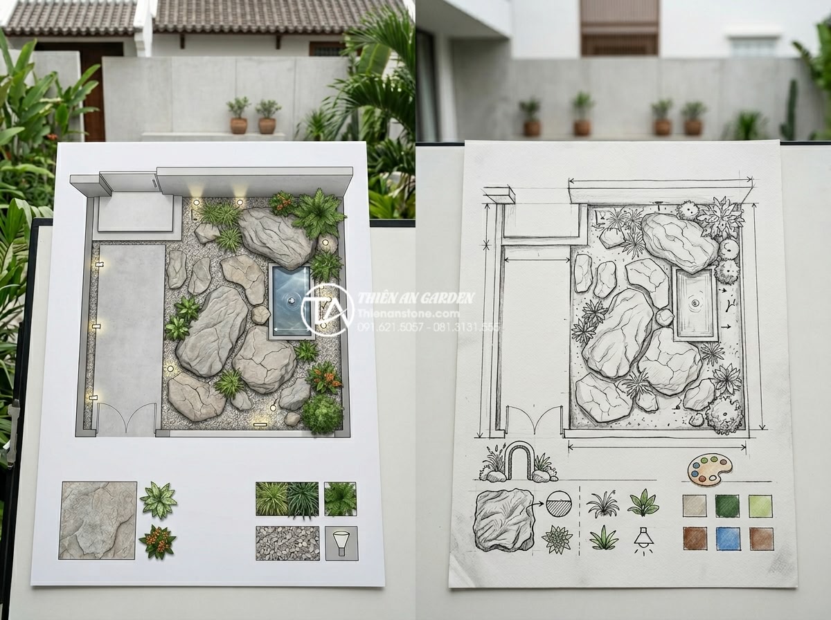 Hướng dẫn cách tự làm tiểu cảnh trước nhà mini đơn giản cho người mới - Hình 4 Hướng dẫn cách tự làm tiểu cảnh trước nhà mini đơn giản cho người mới - Professional architectural rendering and hand-drawn sketch side by side showing