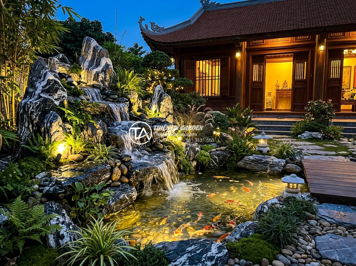 Hướng dẫn cách tự làm tiểu cảnh trước nhà mini đơn giản cho người mới - Hình 7 Hướng dẫn cách tự làm tiểu cảnh trước nhà mini đơn giản cho người mới - Beautiful evening photograph of a completed mini rock garden with illuminated ca