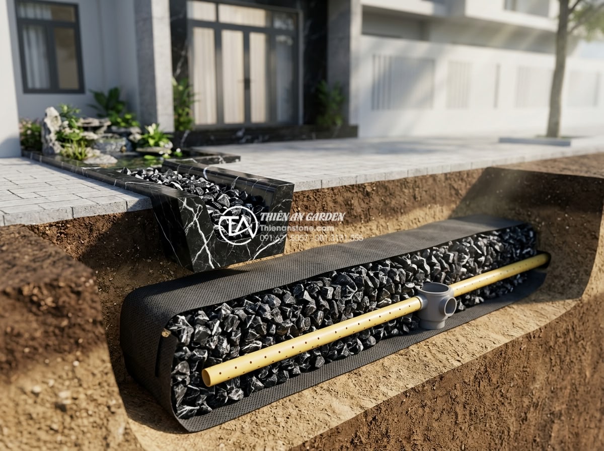 Hướng dẫn chống thấm và thoát nước cho tiểu cảnh nước trước nhà ống - Technical 3D rendering of underground drainage system with perforated pipes, gra
