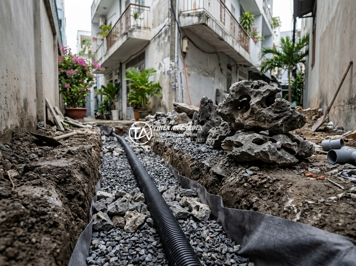 Hướng dẫn chống thấm và thoát nước cho tiểu cảnh nước trước nhà ống - On-site construction photo of underground drainage trench installation with perf